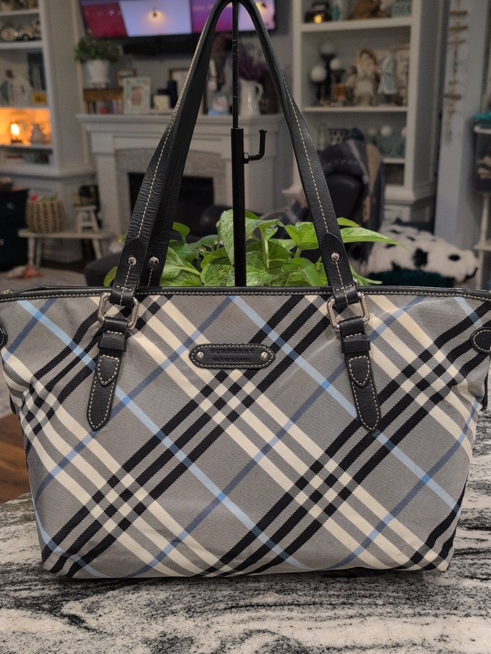 Burberry Blue Label Navy Plaid Tote Bag - VINTAGE - COA